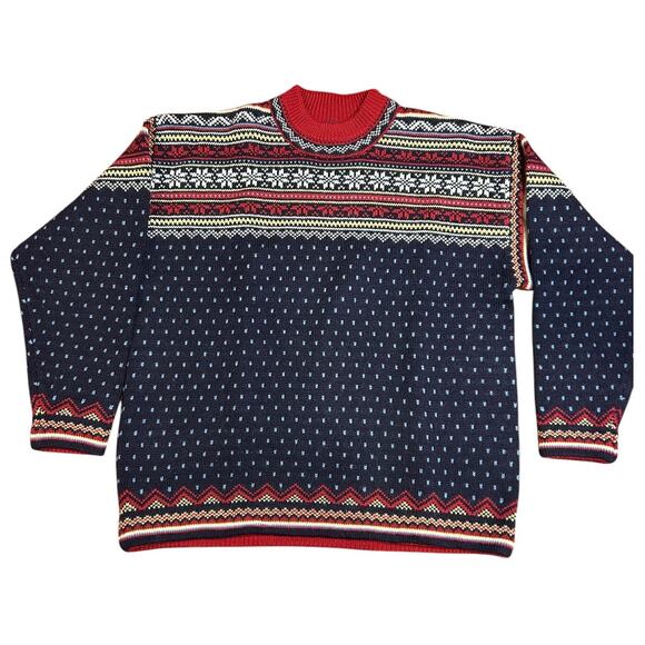 LANDS' END Vintage Blue Fairisle Nordic Wool Long Sleeve Sweater LARGE 14 16 - Picture 1 of 8